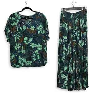 Vtg Carole Little Midi Skirt Set Sz 4 Greenish Blue Floral Rayon Oversize Flowy